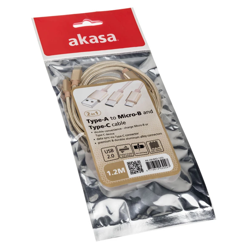 Akasa AK-CBUB42-12GL USB-Kabel 1,2 m USB 2.0 USB A USB C/Micro-USB B Gold (AK-CBUB42-12GL)