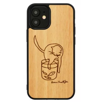 Handyhülle man and wood für iPhone 12 mini — bedruckte Katze mit rotem Fisch