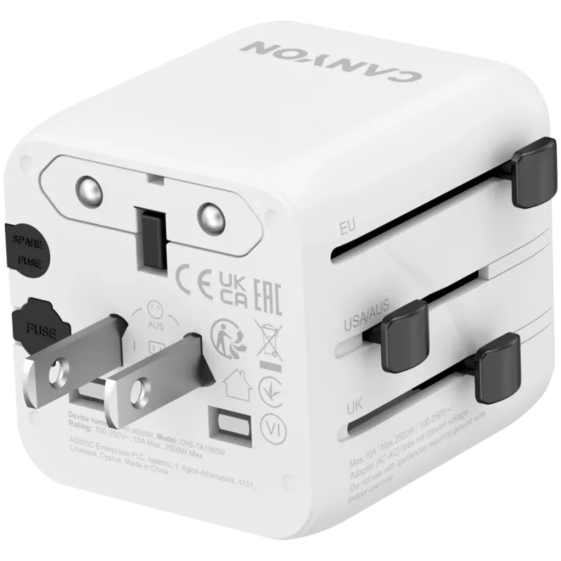 Reiseadapter CANYON OnTour One EU UK US AUS Weiß (CNS-TA1005W) – universelle Steckerkonvertierung für EU/UK/US/AUS
