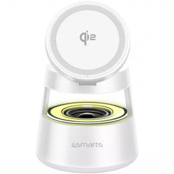 Kabelloses Ladegerät 4smarts Qi2 Aura Sound Weiß – Qi2 schnelles kabelloses Laden, integrierter Lautsprecher