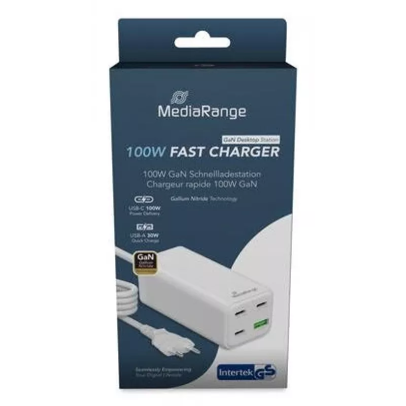 MediaRange MRMA124 mobiles Ladegerät 100W AC, 3x USB-C, 100–240V Eingang, 1,5 m Kabel, Weiß