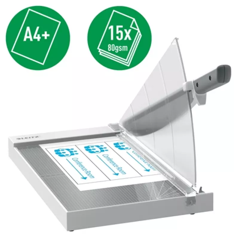 Leitz Präzisions-Büropapierschneider A4+, 15 Blatt, Manuelle Klemmung, Edelstahl, A4 Maxi, 80 g/m², Glas