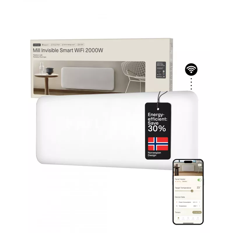 Mill Invisible Smart WiFi Heater | PA2000WIFI4 | Panel-Heizgerät | 2000 W | Geeignet für Räume bis zu 24-28 m² | Weiß | IPX4