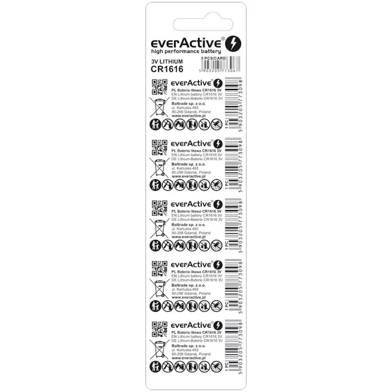 Knopfzelle everActive CR1616 3V, 50 mAh, 16 mm — 5er-Pack