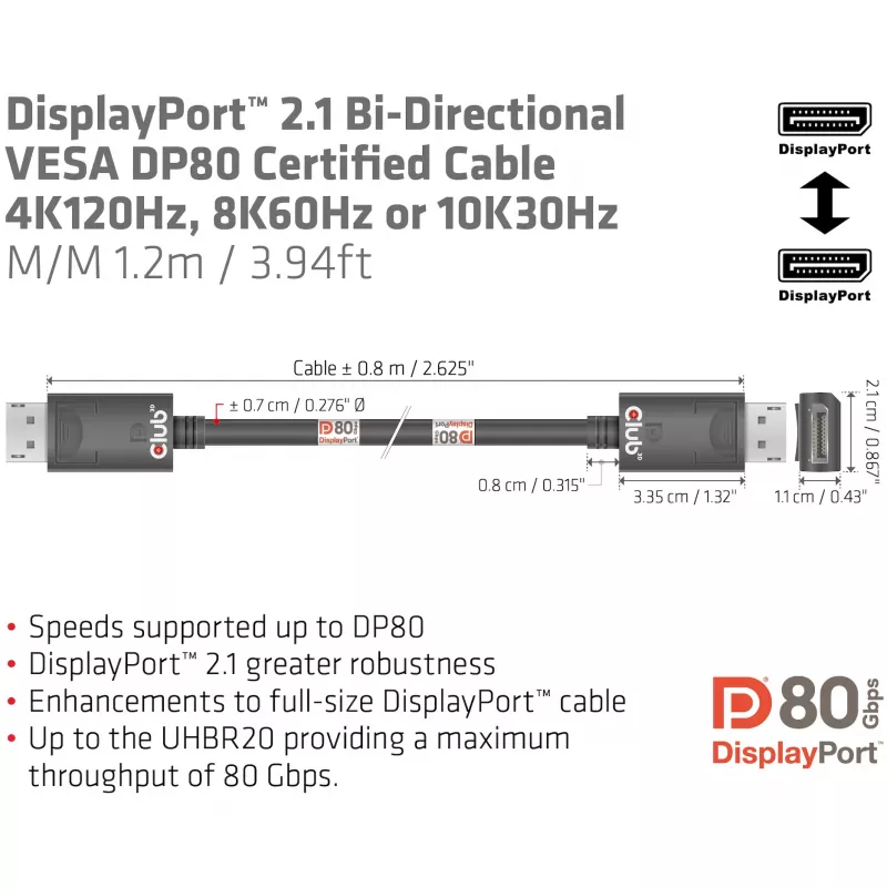 CLUB3D DisplayPort 2.1 Bi-Direktionales VESA DP80 Zertifiziertes Kabel 4K240Hz, 8K60Hz oder 10K30Hz M/M 1,2 m