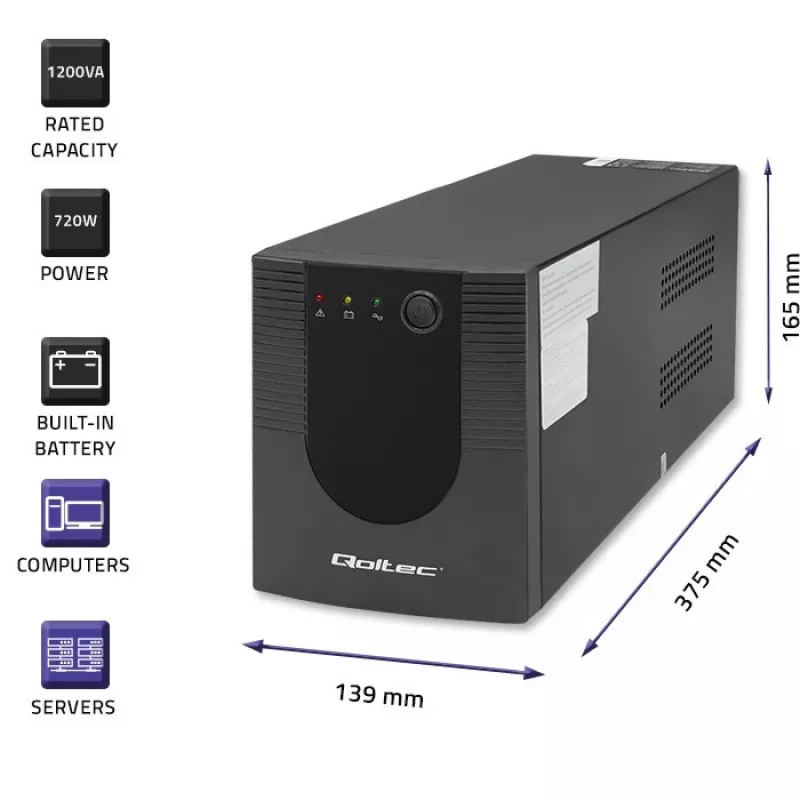 Unterbrechungsfreie Stromversorgung USV Qoltec 53775 1,2 kVA 720 W 4 AC-Steckdosen