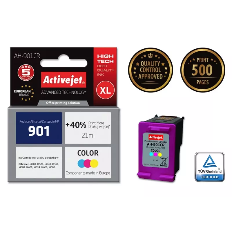 Kompatible Tintenpatrone ActiveJet AH-901CR Farbe (High XL, farbstoffbasiert, 21 ml, Cyan/Magenta/Gelb)