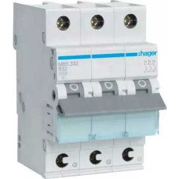 Hager MBS332. Nennstrom: 32 A, Netzfrequenz: 50/60 Hz. Breite: 52,5 mm, Tiefe: 70 mm, Höhe: 83,4 mm (MBS332)