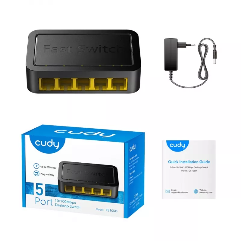 Netzwerk-Switch Cudy FS105D — 5-Port Fast Ethernet 10/100, 1 Gbit/s Switching, schwarz