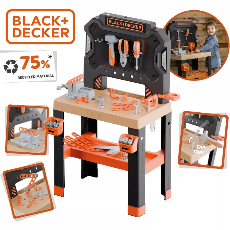 Kinder-Spielwerkbank SMOBY Schwarz & Decker Modell 2025 mit Werkzeugen und Zubehör