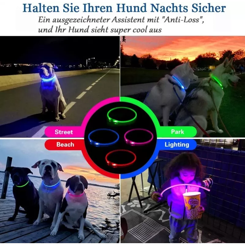 LED-Halsband KABB Blau für Hunde und Katzen – wiederaufladbar, verstellbares Sicherheitshalsband mit Beleuchtung