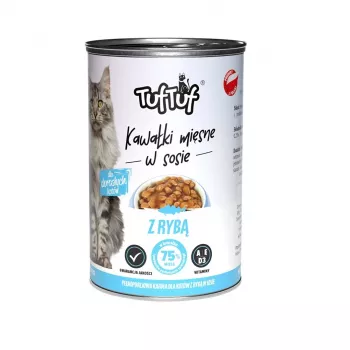 Nassfutter für Katzen TufTuf Fleischstücke in Sauce mit Fisch 415 g — Alleinfuttermittel in Dosen für ausgewachsene Katzen