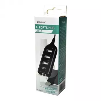 VAKOSS USB-Hub TC-234UX — 4-Port-USB-2.0-Hub, DC-Stromversorgung (5 V, 1 A), schwarz