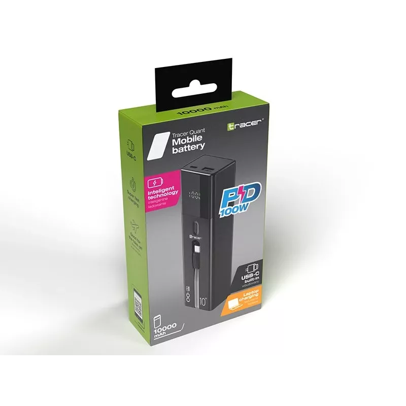 Tragbare Powerbank TRACER Quant 10000 mAh Li-Ion, PD & QC3.0, 3 Anschlüsse (2×USB-C, 1×USB-A), 100W, Schwarz
