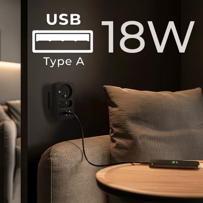 Power Splitter MACLEAN MCE249 F/B – 2 AC-Steckdosen (16A + 6A) mit 2×USB-A und 2×USB-C PD 20W, EU-Stecker, schwarz