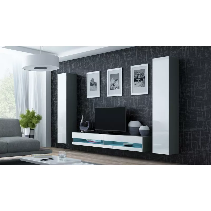 TV-Ständer Cama Meble VIGO NEW 30/140/40 — 1400×400×300 mm, graue Oberseite, Spanplatte, grauer Rahmen, weiße Hochglanzfronten