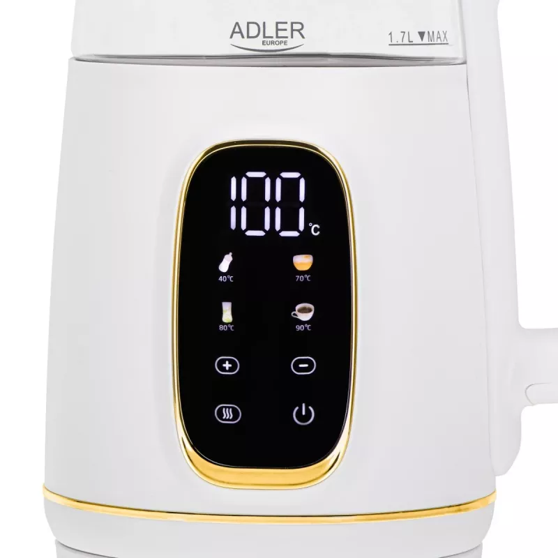 Wasserkocher Adler AD 1305WG — 1,7 l, 2200 W, Glas/Kunststoff, Weiß/Gold/Transparent
