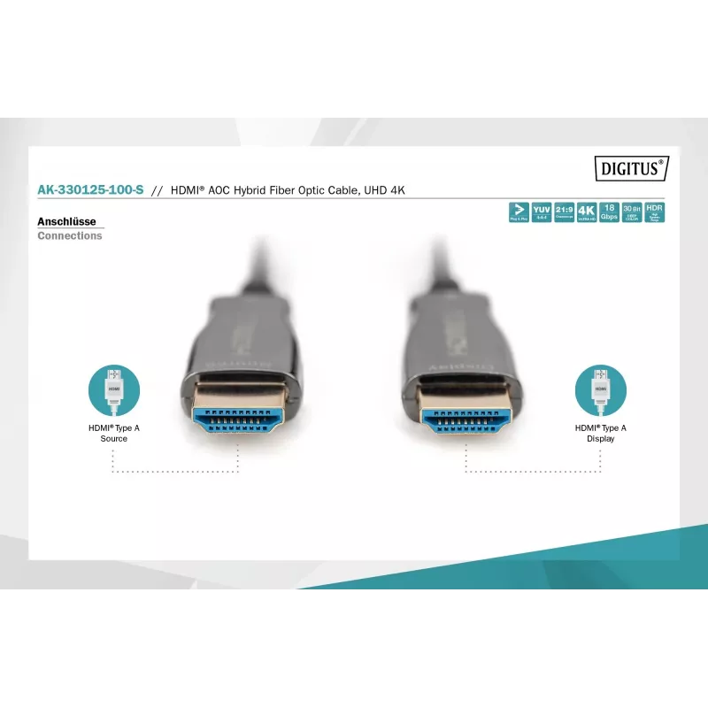 HDMI AOC Hybrid-Glasfaserkabel Digitus AK-330125-100-S