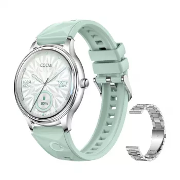Smartwatch Colmi L28 – Silber‑Grün Gehäuse mit silbernem Edelstahlarmband