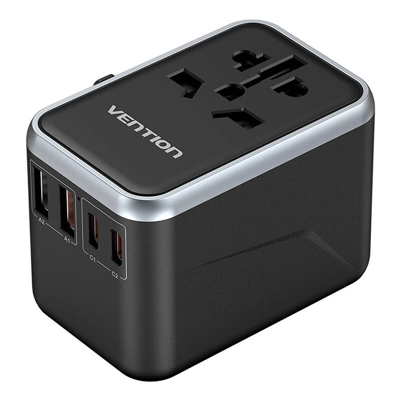 Vention Reiseadapter FJFB0 65W — 2× USB-C PD/PPS, 2× USB-A (QC/BC), HDMI-Ausgang, Aluminium/schwarz