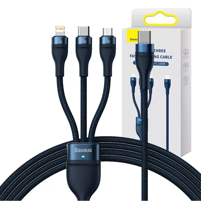 3in1 USB-Kabel Baseus Flash Series 2, USB-C + Micro-USB + Lightning, 100 W, 1,5 m (blau)