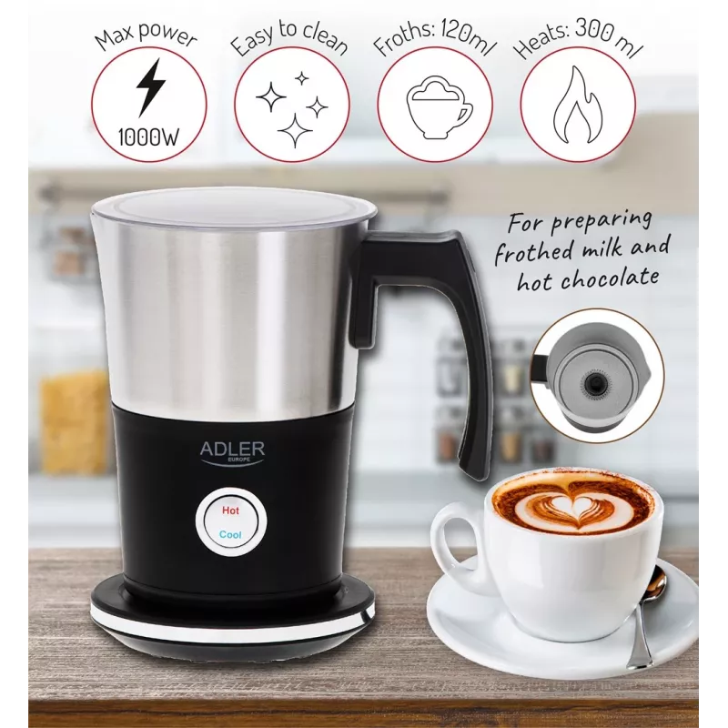 Automatischer Milchaufschäumer Adler AD 4497 – Edelstahl, 600W, 120 ml Schaum / 300 ml erwärmen, heiß & kalt