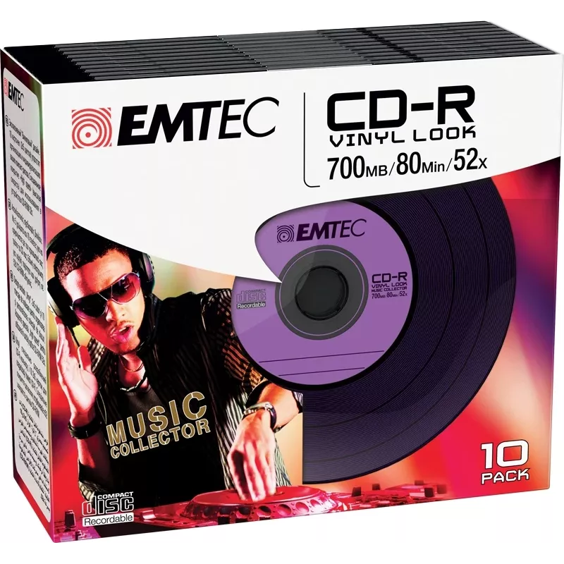 EMTEC Vinyl Look - 10 x CD-R - 700 MB (80 Min) 52x - Blau, Gelb, Flieder, Grün, Pink - Slim Jewel Case