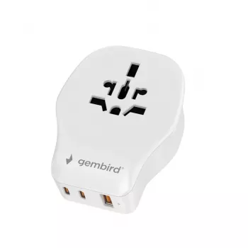 Wand-Reiseadapter GEMBIRD TPA-1A2C20-02-W 20W — 1xUSB-A + 2xUSB-C, Typ-G-Stecker, 100–250 V, weiß