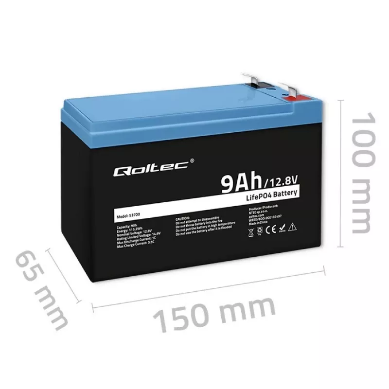 Batterie LiFePO4 Lithium Iron Phosphate 12.8V 9Ah 115.2Wh