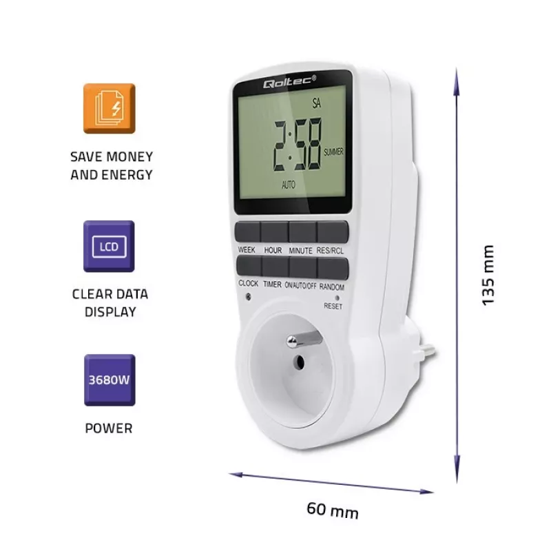 Elektronischer Timer QOLTEC PC0628 mit LCD-Anzeige, 24-Stunden-Countdown