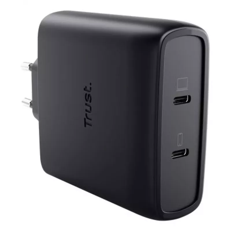 TRUST Maxo 100W 2-Port USB-C GaN Ladegerät — 100 W, 2× USB-C, max. 20 V, 2 m Kabel, schwarz