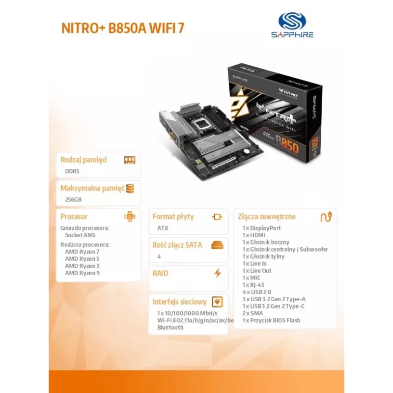 Motherboard Sapphire NITRO+ B850A WIFI 7 AMD B850 Sockel AM5 micro ATX, DDR5, 4 DIMM, 256GB, Wi‑Fi 7, 2.5GbE