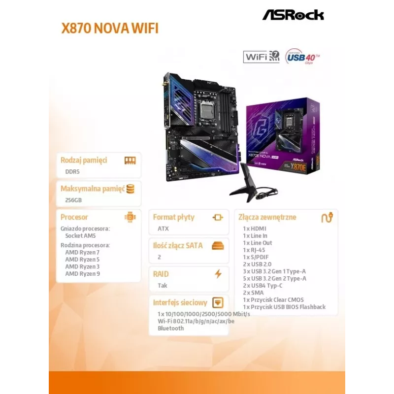 Motherboard ASRock X870 NOVA WIFI — AMD X870, Sockel AM5, ATX, 4× DIMM DDR5, 256 GB, Wi‑Fi 7, 2,5 GbE