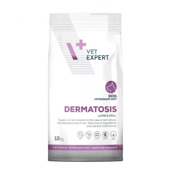 Trockenfutter für Hunde VETEXPERT Dermatosis Lamm & Krill 12 kg — veterinärmedizinisches Diätfuttermittel für Hauterkrankungen, Protein 24%, Fett 17%
