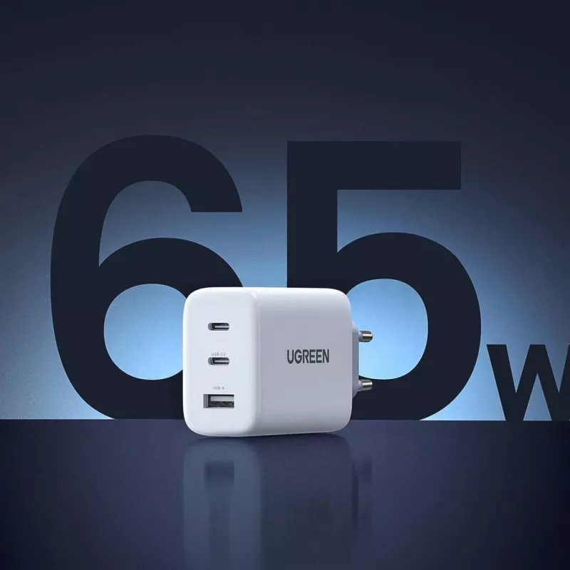 Wandladegerät UGREEN CD275 2× USB Type-C 65W Weiß — Dual-USB-C 65W Schnellladung, 100–240V Eingang