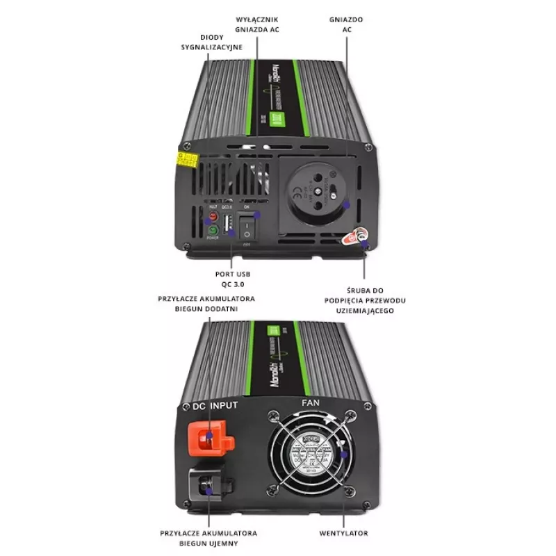 Auto-Wechselrichter Qoltec Monolith 2000 W Schwarz 12 V