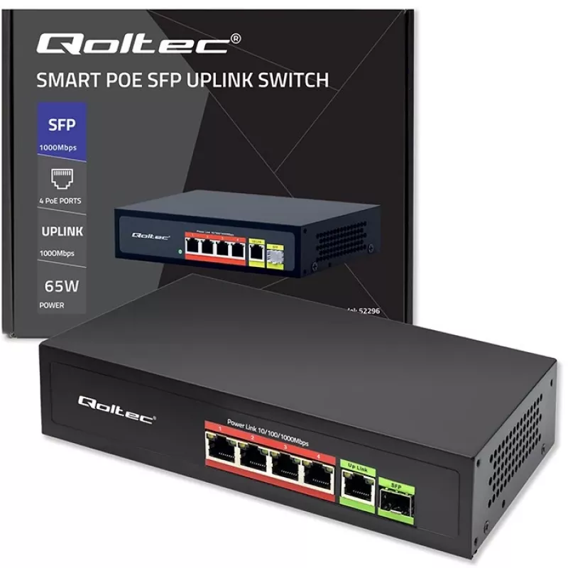 Ethernet PoE Switch QOLTEC 52296 — 4x RJ45 PoE-Ports, 1x RJ45 Uplink