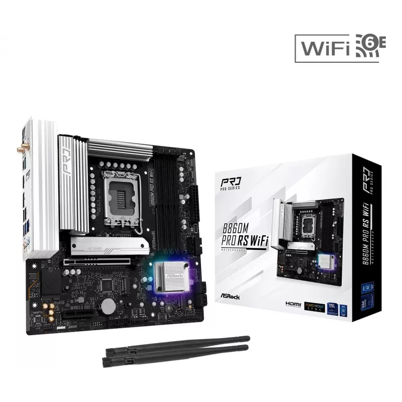 Mainboard ASRock B860M Pro RS WiFi — Intel B860, LGA 1851, micro ATX, DDR5, 4 DIMM, 3x M.2, 2.5Gb LAN, Wi‑Fi, Bluetooth