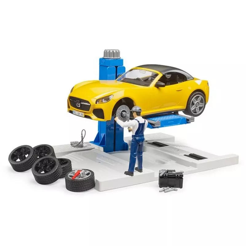 BRUDER Car Service Center bworld 62112 mit Roadster Spielset, Zubehörfiguren und Werkstattelementen