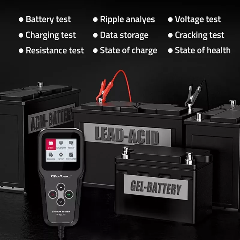 Qoltec 52489 Digitaler Batterie-Analyzer Tester 3-in-1 mit LCD und mehrsprachig 6V | 12V | 24V | 30Ah-200Ah