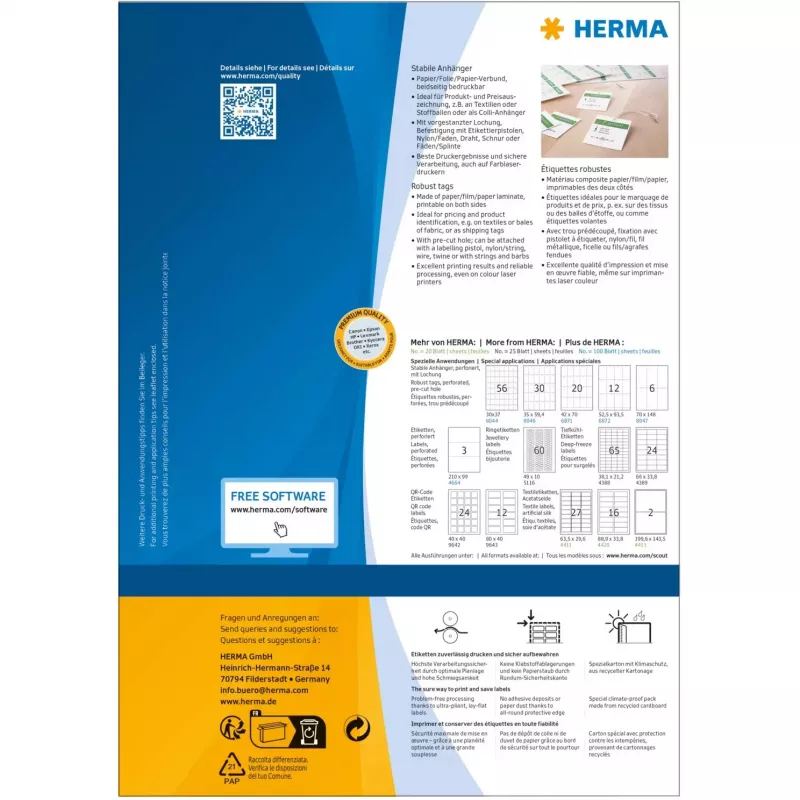 Robuste Etiketten HERMA A4 52,5x93,5 mm weiß Papier nicht haftend 1200 Stück