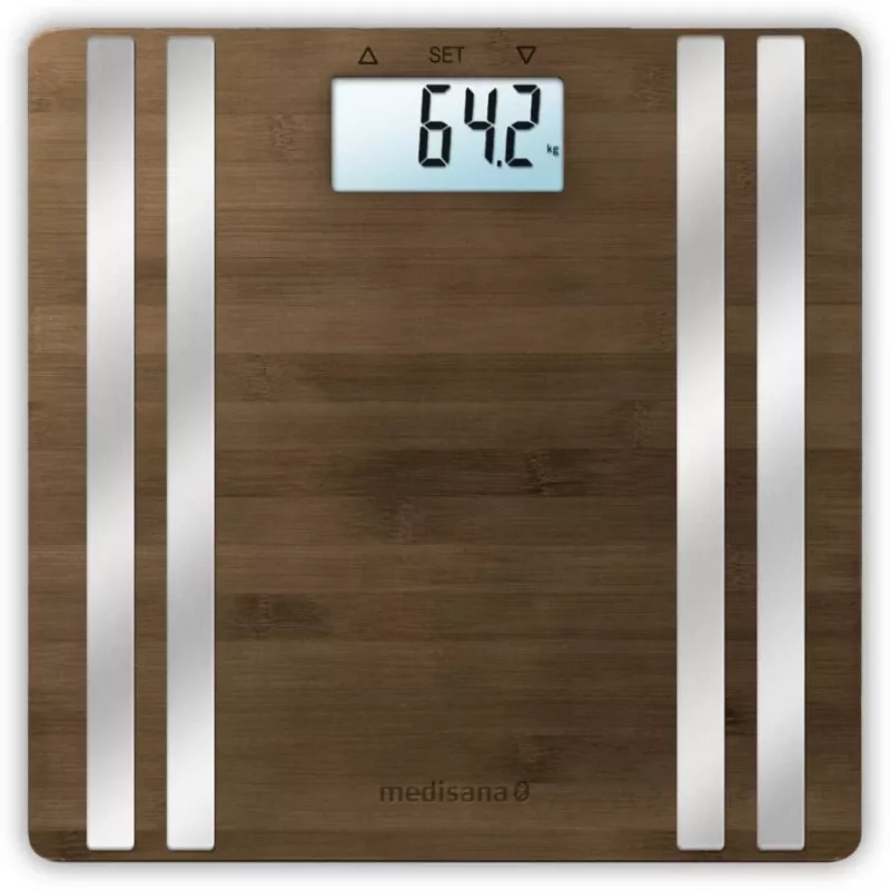 Elektronische Personenwaage Medisana BS 552 — silberfarben mit Bambus-Oberfläche, max. 180 kg, 100-g-Genauigkeit, Bluetooth, BMI, Körperzusammensetzung