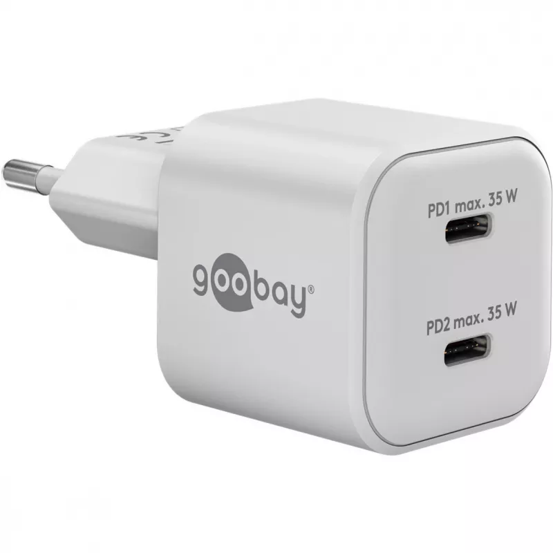 USB-C Dual-Fast Charger Nano, PD, GaN, 35 Watt (Weiß, 2x USB-C, Power Delivery 3.0)