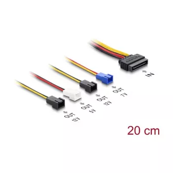 Stromkabel DELOCK SATA 15-polig auf 4×2-poligen Lüfter (12 V / 7 V / 5 V), 20 cm