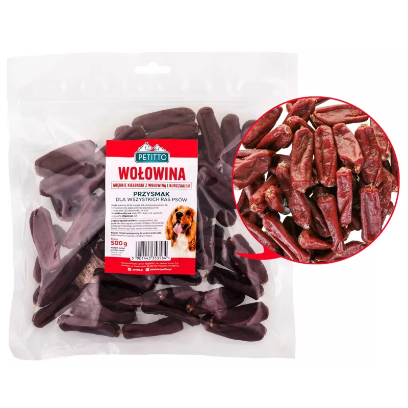 PETITTO Soft Rinderwürstchen 500 g – weiche Trainings-Snacks, 33 % Protein, 4 % Fett, gluten- und zuckerfrei