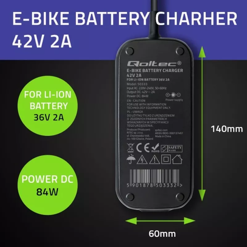 Qoltec Schnellladegerät für 36V Elektroroller und E-Bike | 42V | 2A | 5,5*2,5 | wasserdicht + Netzkabel