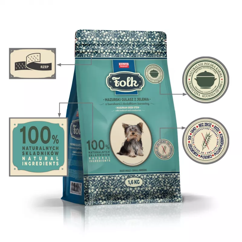 FOLK Small breeds Traditioneller masurischer Wildbrei mit Rote Bete und Preiselbeeren – Trockenfutter für Hunde – 1,6 kg