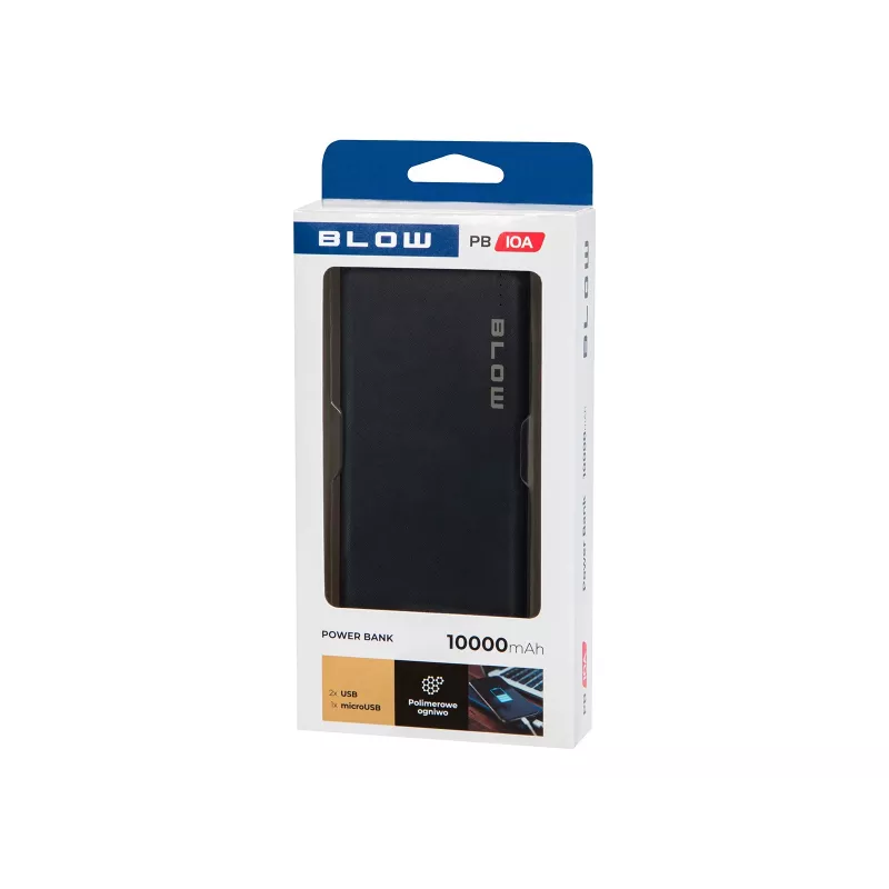 Tragbare Powerbank BLOW PB10A 10000mAh Polymer-Akku, 2x USB-A-Ausgänge, 22,5W Gesamtleistung, Micro-USB-Eingang, schwarz