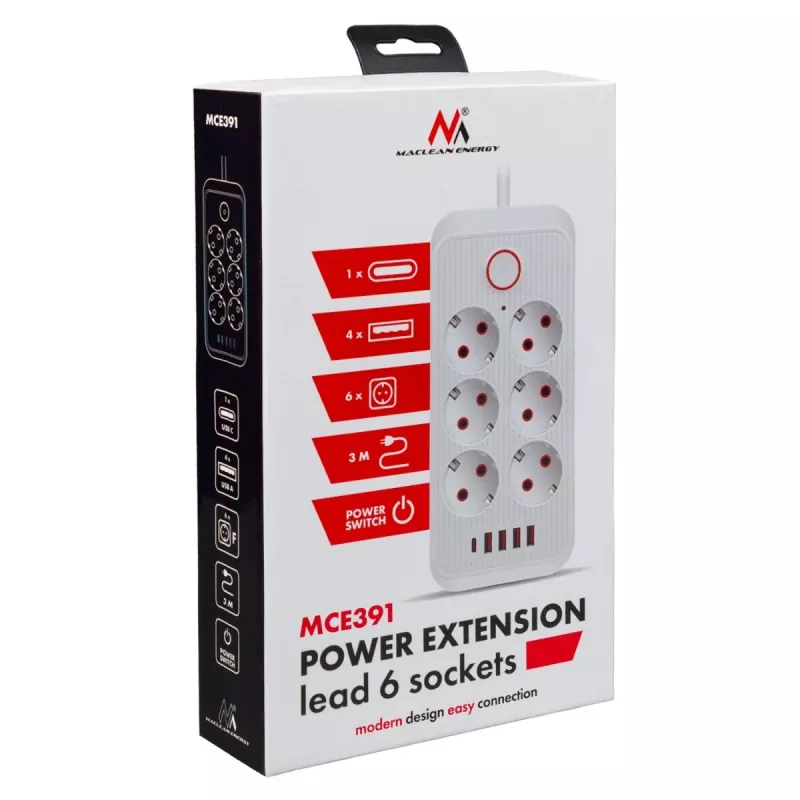 Steckdosenleiste MACLEAN MCE391 B – 6 Steckdosen, 4×USB-A + 1×USB-C, 110–240V, 2500W, 3 m Kabel, schwarz