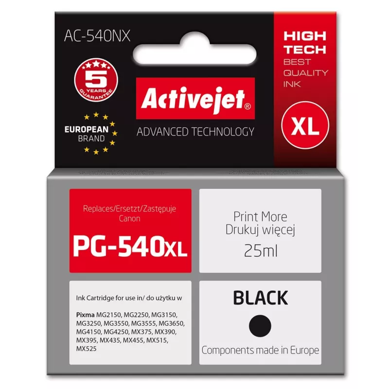 Activejet AC-540NX Tinte für Canon Drucker (Ersatz für Canon PG-540XL) Supreme, 25 ml, schwarz